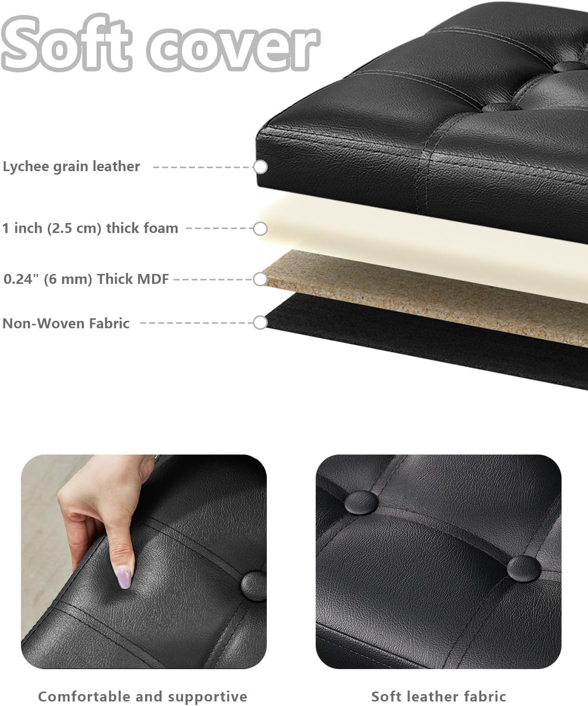 Black 2-Pack Folding Leather Storage Ottomans