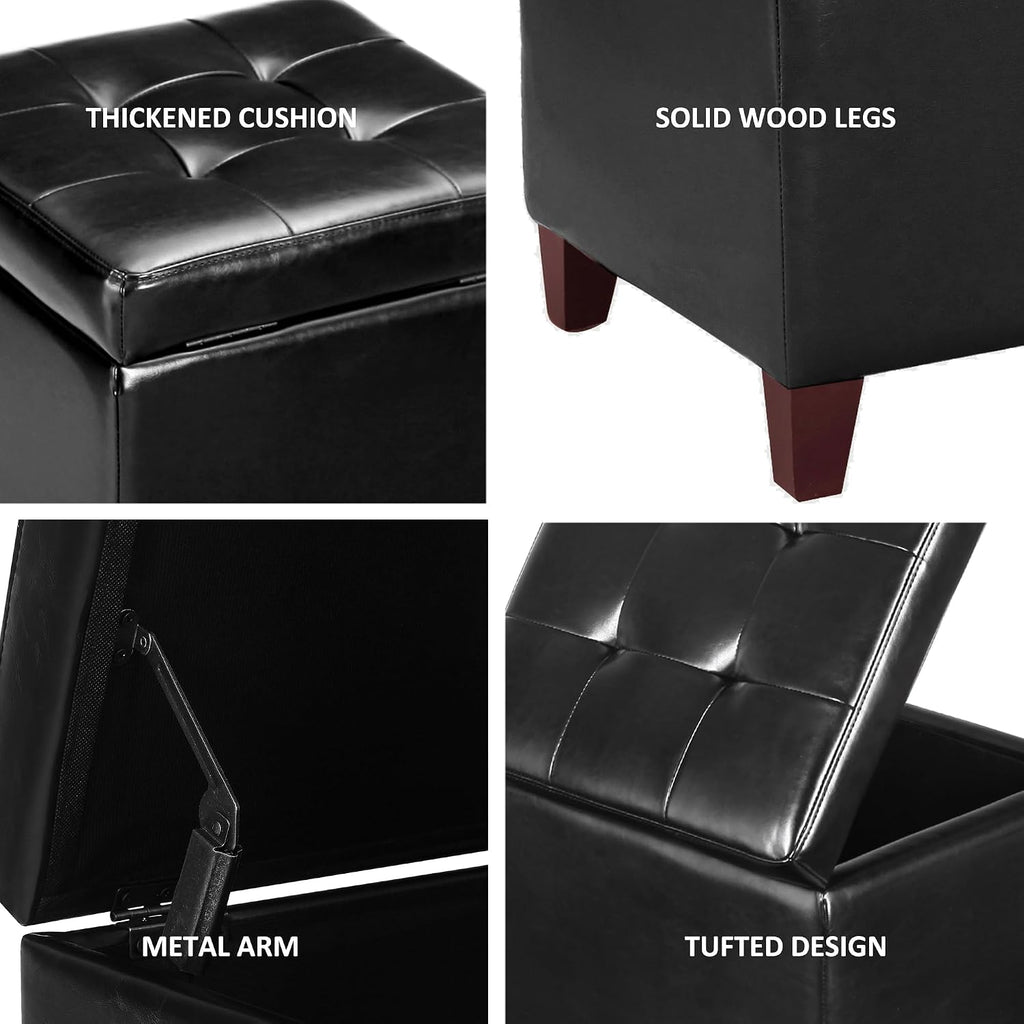 Black Leather Storage Ottoman with Wood Legs