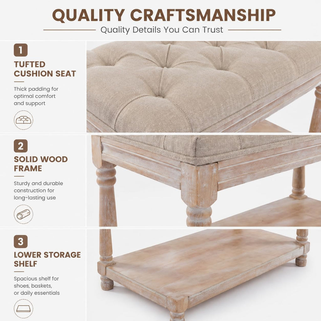 Beige Tufted Linen Storage Shoe Bench