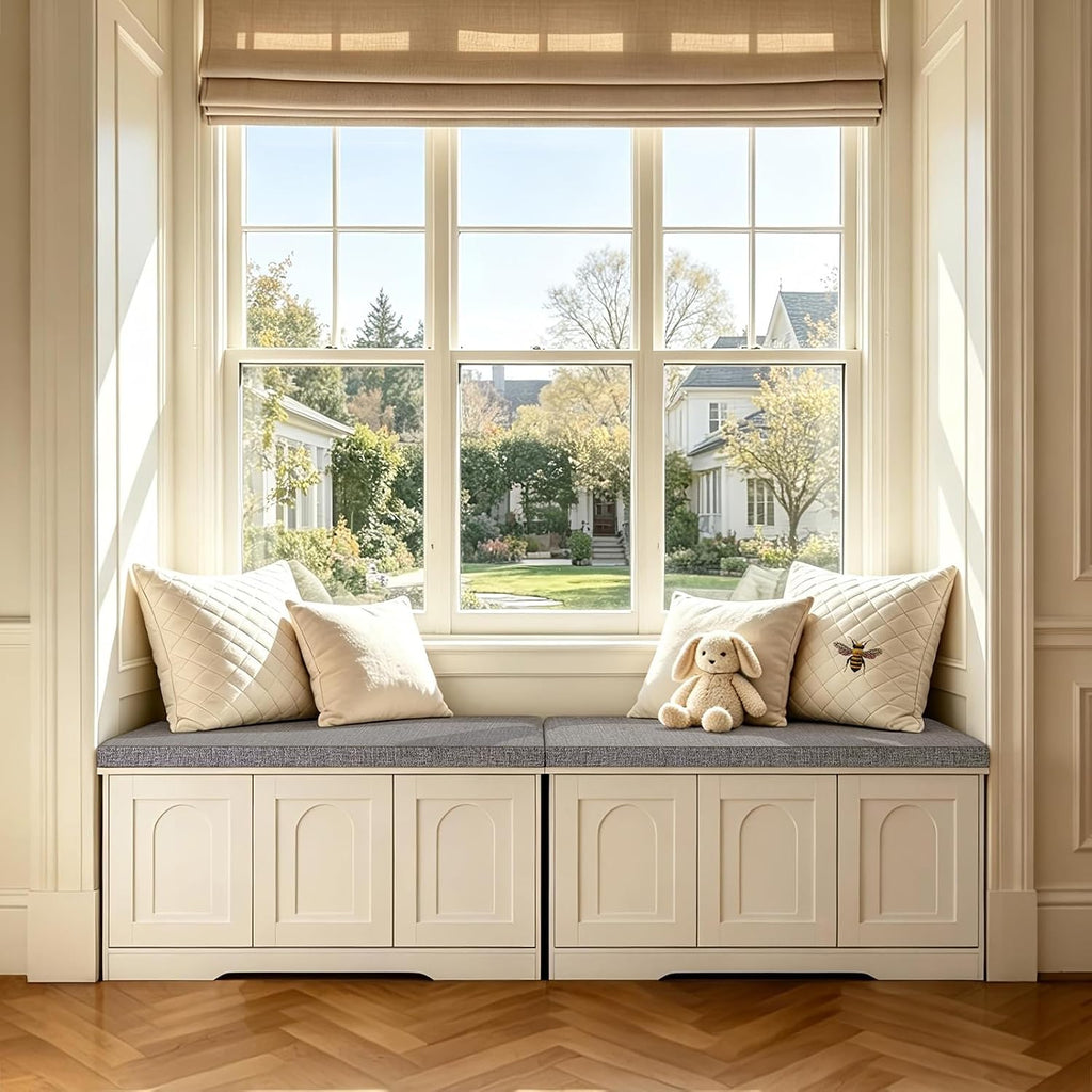 White 6-Cubby Door Storage Shoe Bench with Cushion