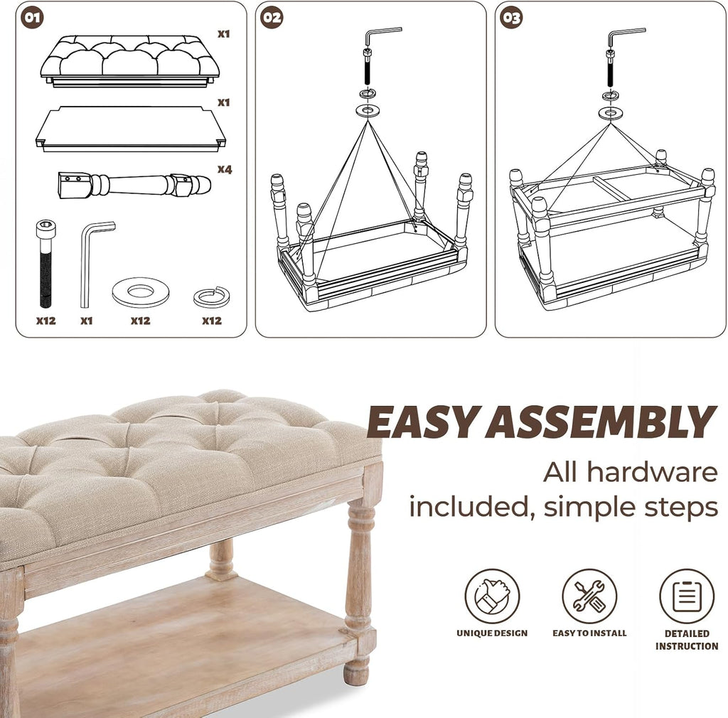 Beige Tufted Linen Storage Shoe Bench