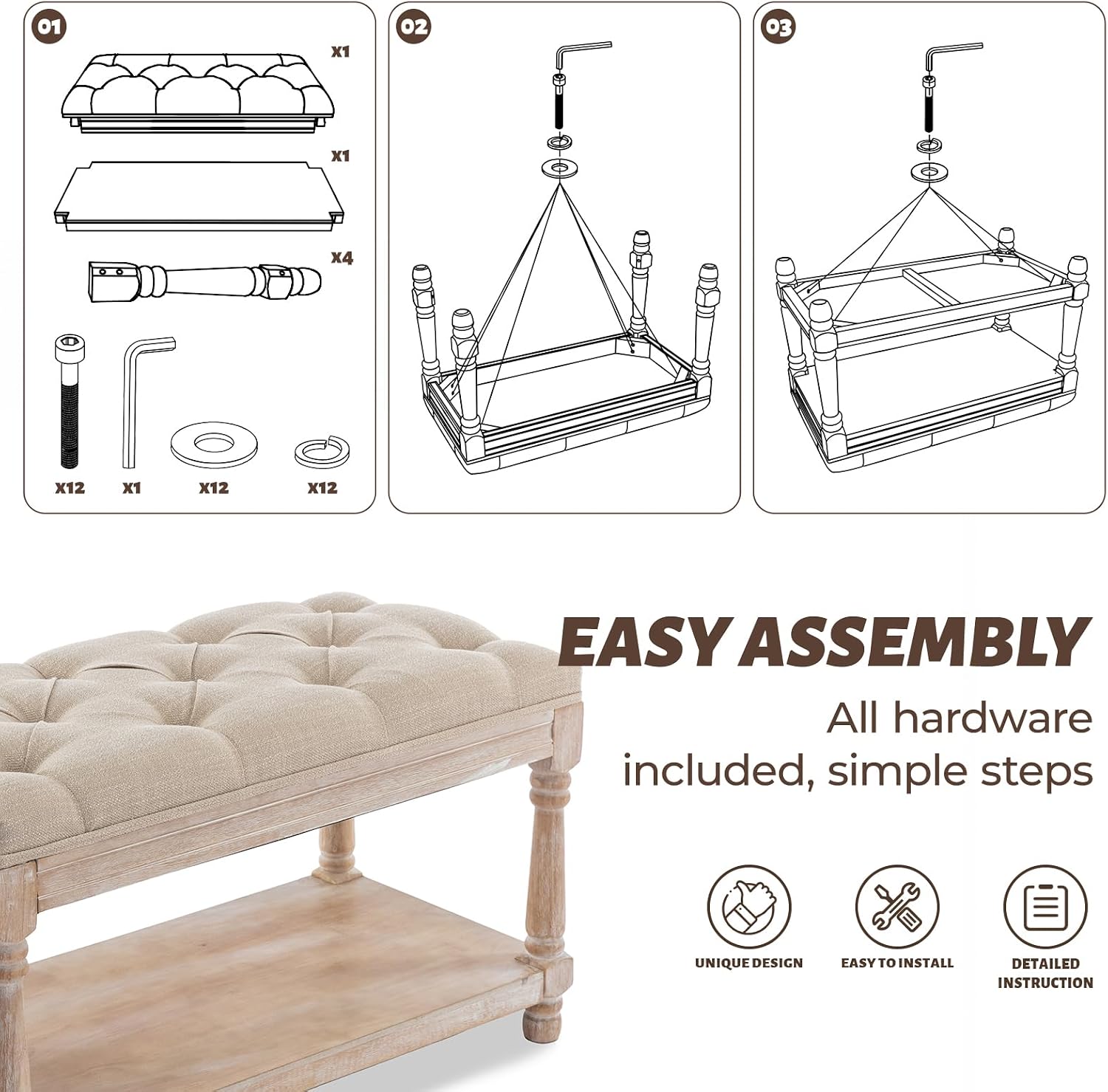 Beige Tufted Linen Storage Shoe Bench