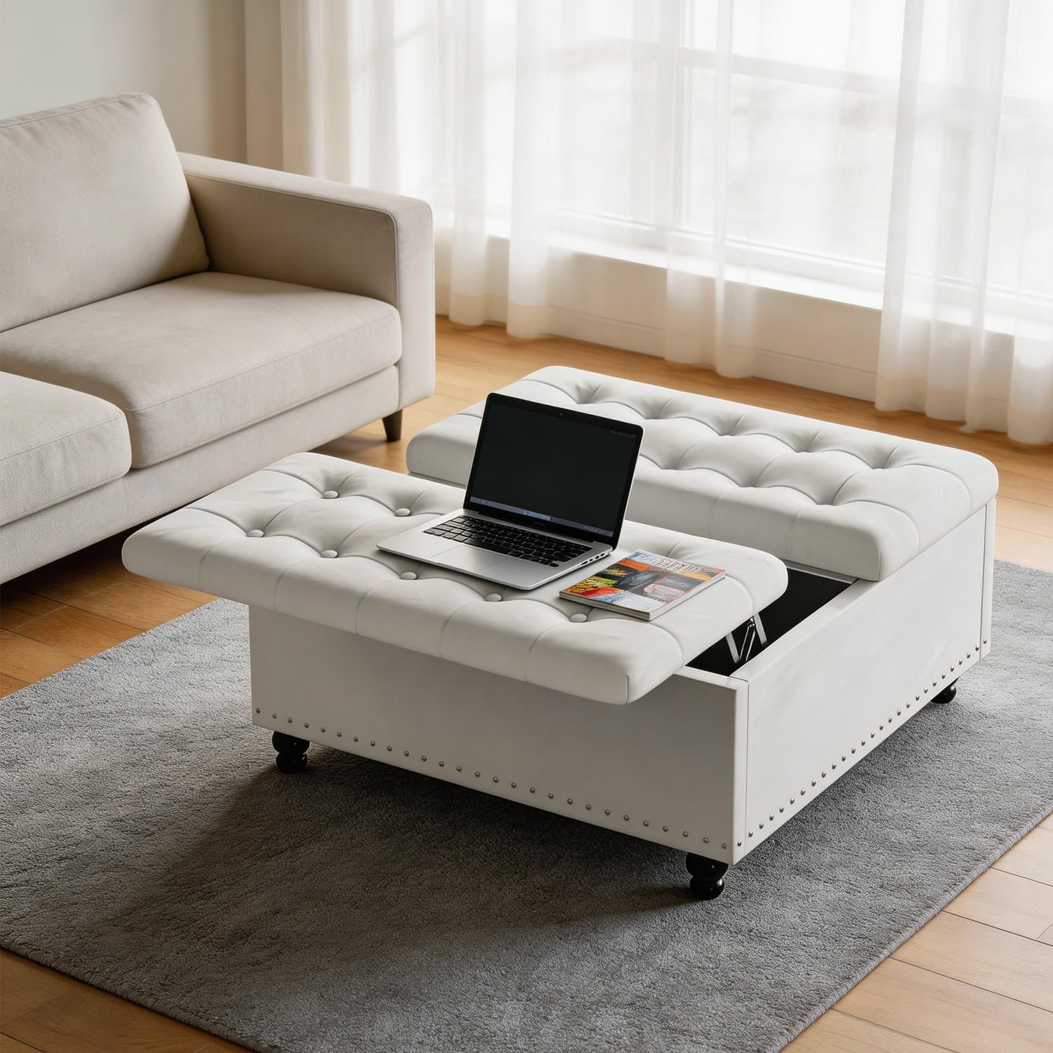 Beige Tufted Storage Ottoman