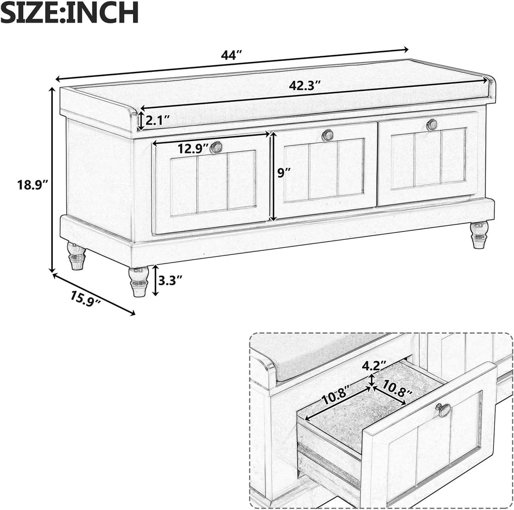Light Gray Wooden 3-Drawer Storage Bench