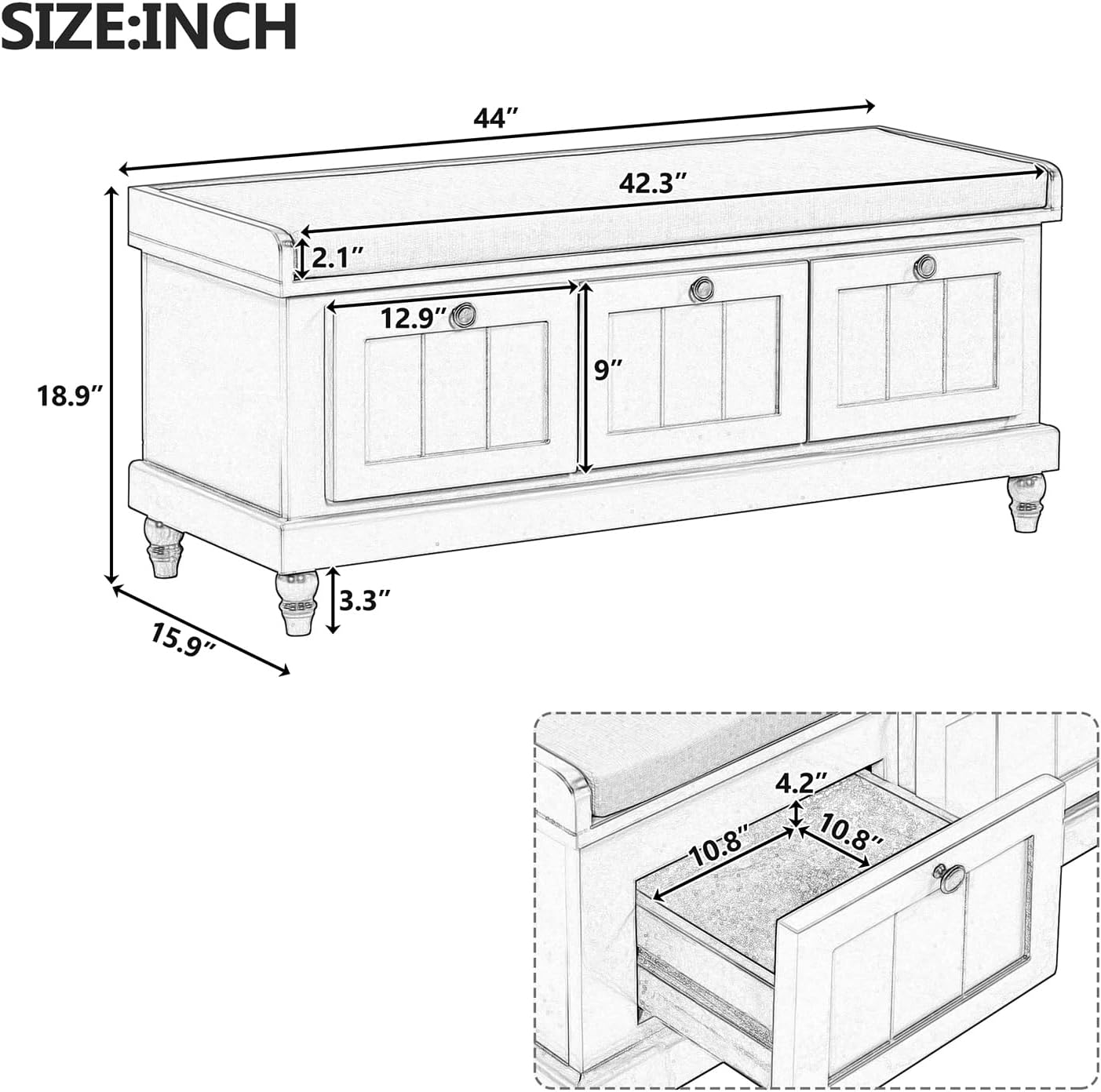 Light Gray Wooden 3-Drawer Storage Bench