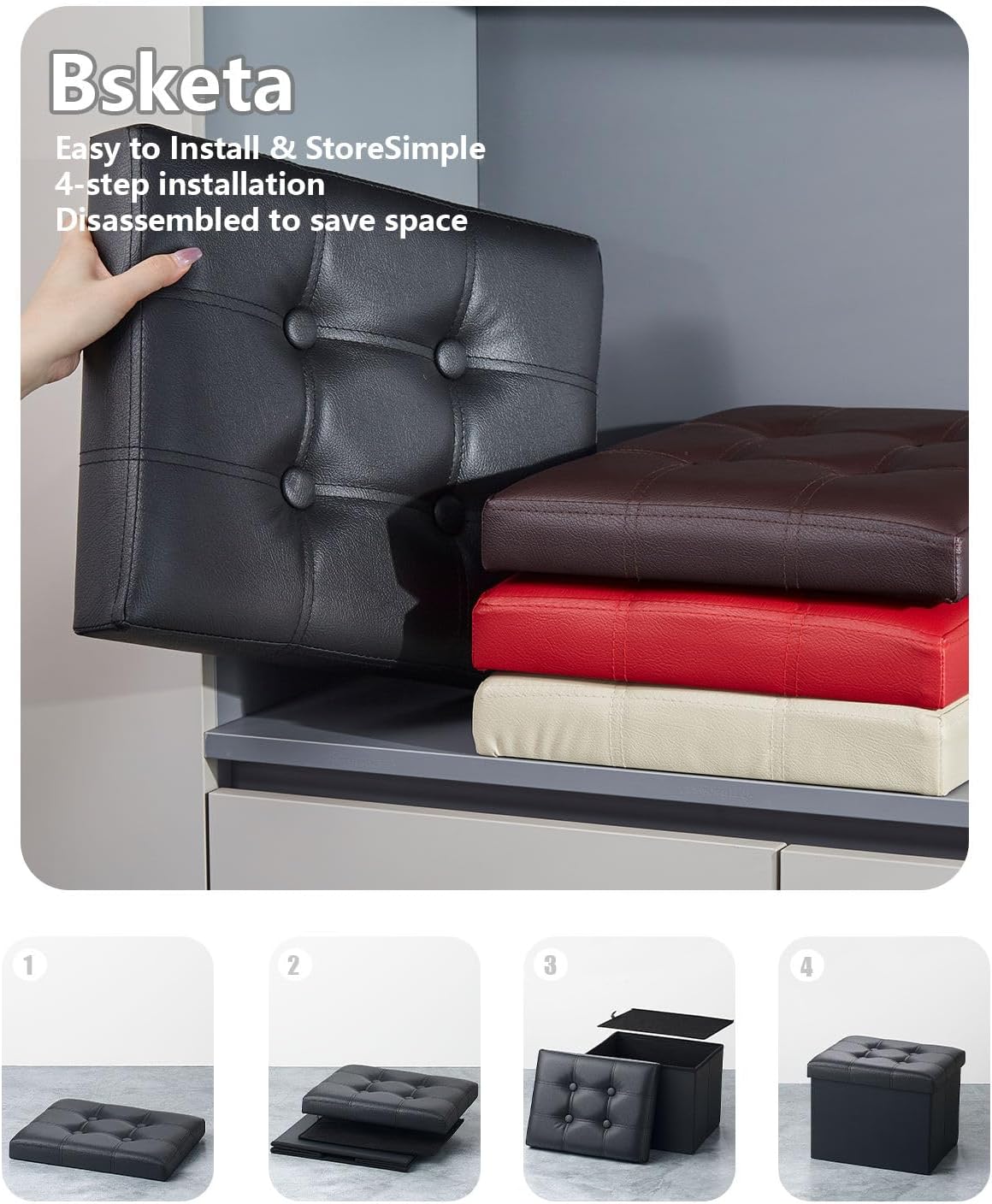 Black 2-Pack Folding Leather Storage Ottomans