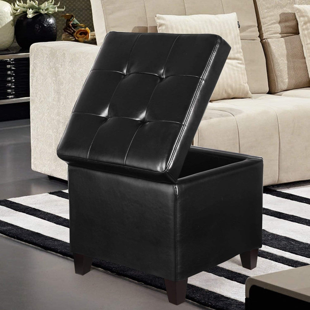 Black Leather Storage Ottoman with Wood Legs
