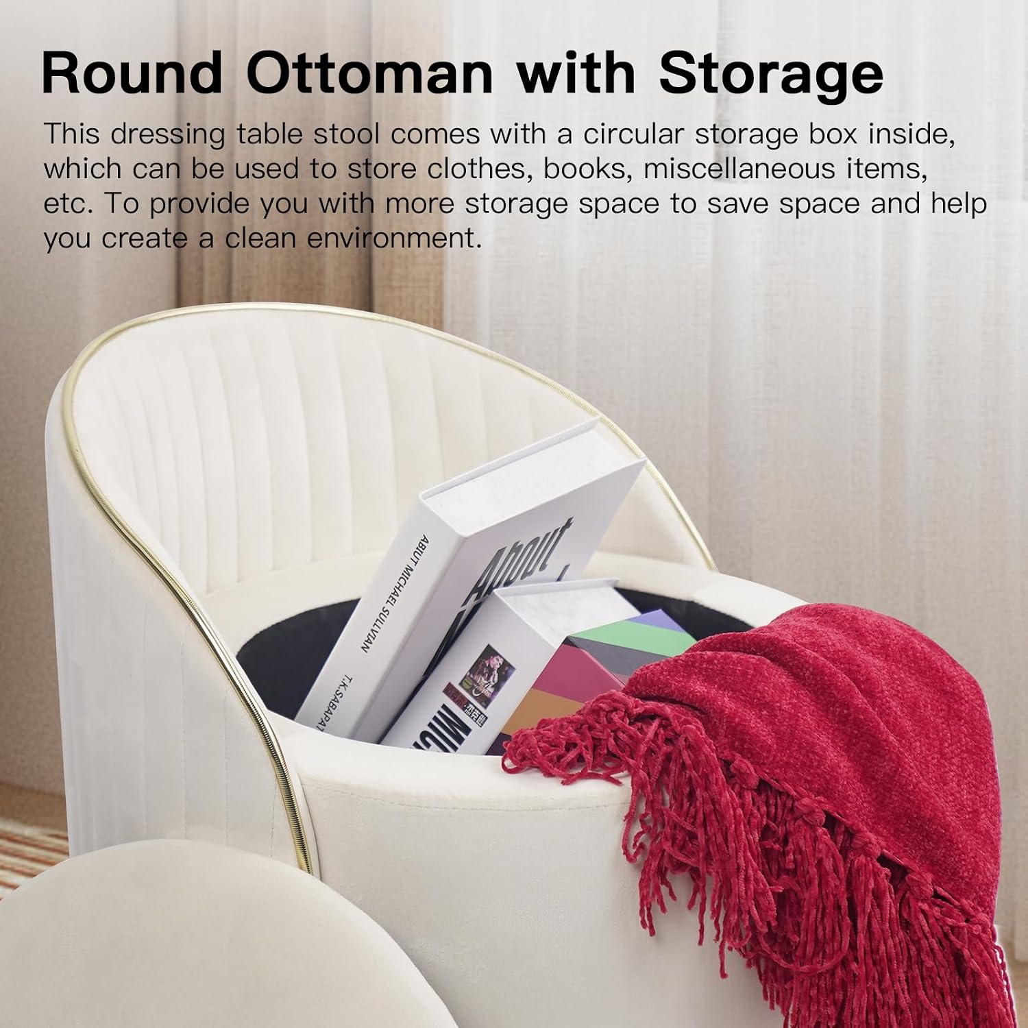 Beige Velvet Swivel Round Storage Ottoman