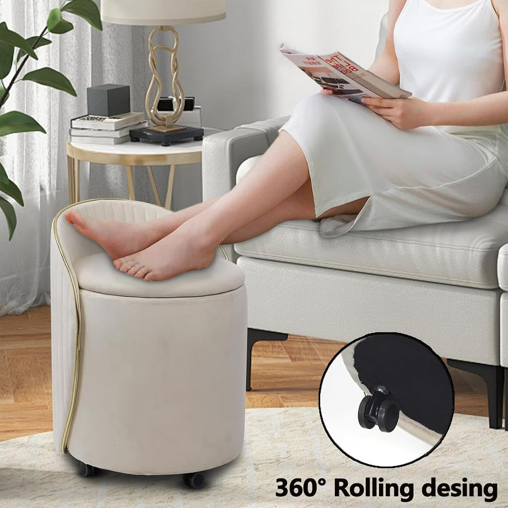 Beige Velvet Swivel Round Storage Ottoman