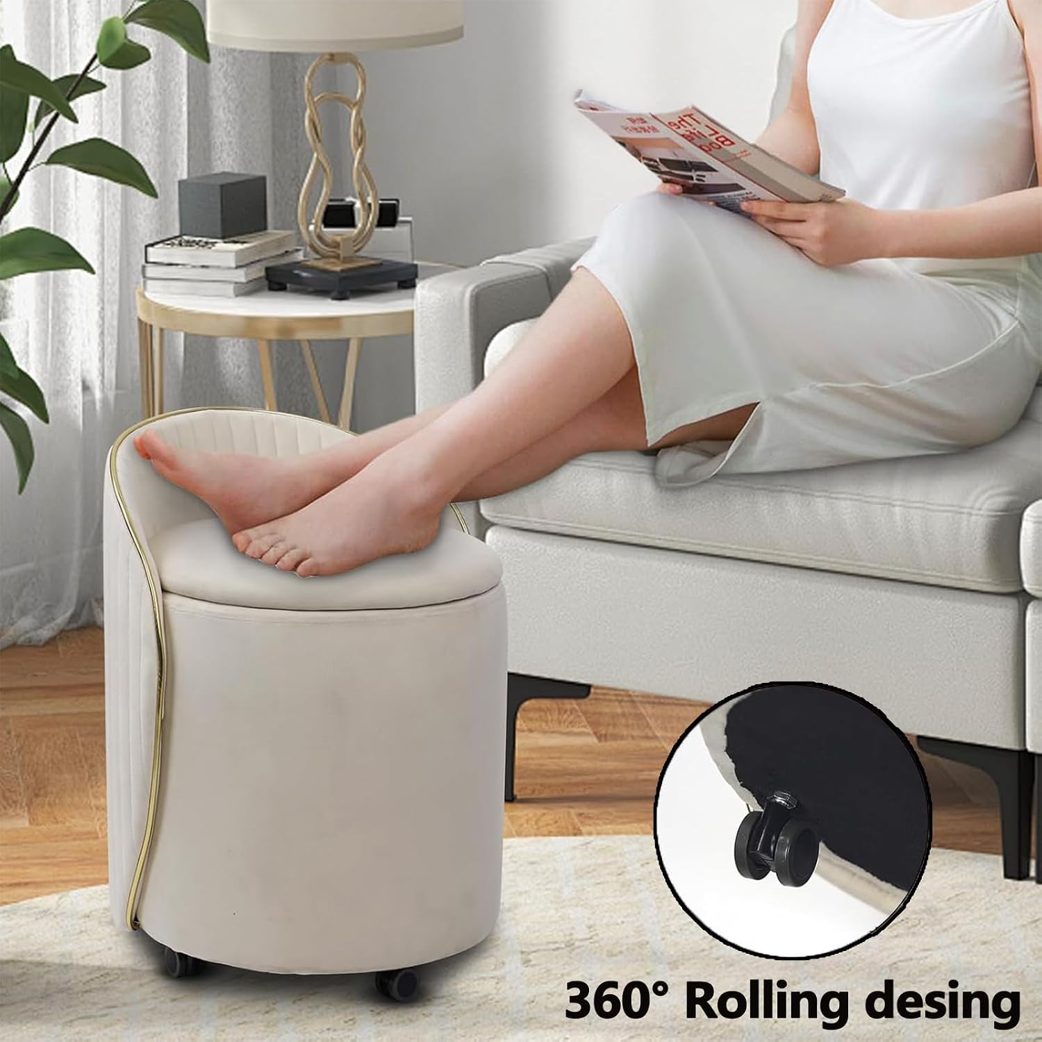 Beige Velvet Swivel Round Storage Ottoman