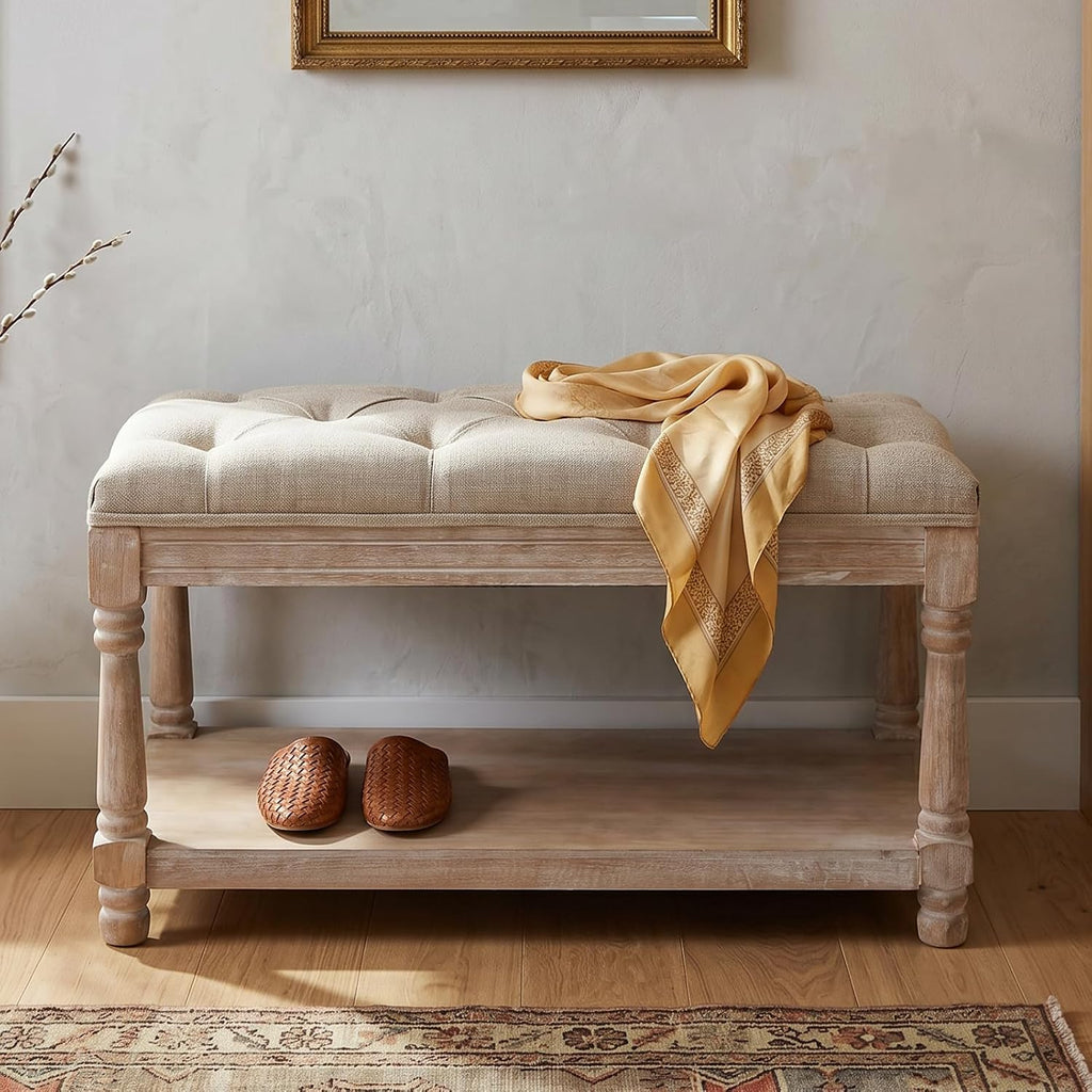 Beige Tufted Linen Storage Shoe Bench