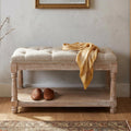 Beige Tufted Linen Storage Shoe Bench