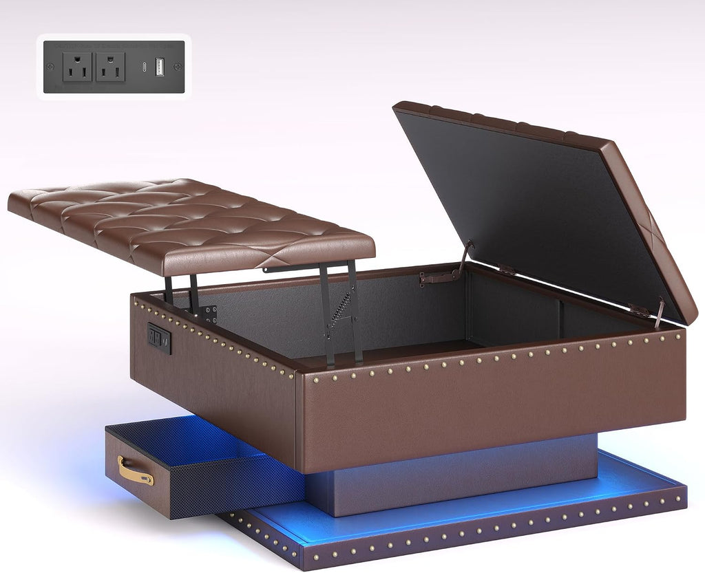 Brown PU Charging Storage Ottoman
