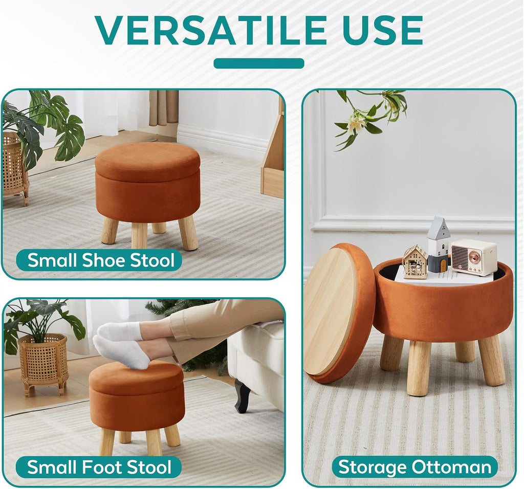 Orange Velvet Round Storage Foot Stool