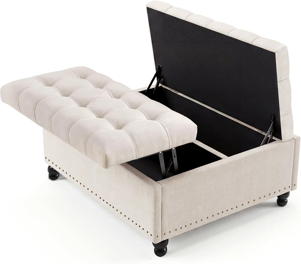 Beige Tufted Storage Ottoman Bench
