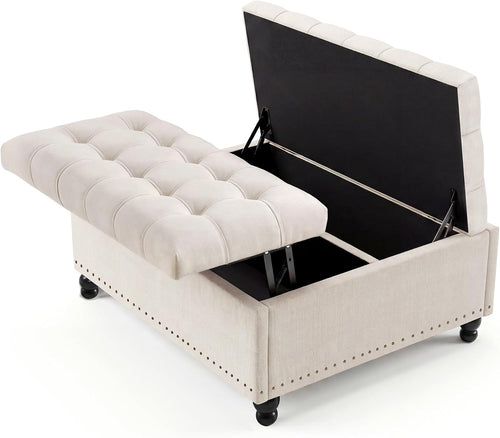 Beige Tufted Storage Ottoman Bench