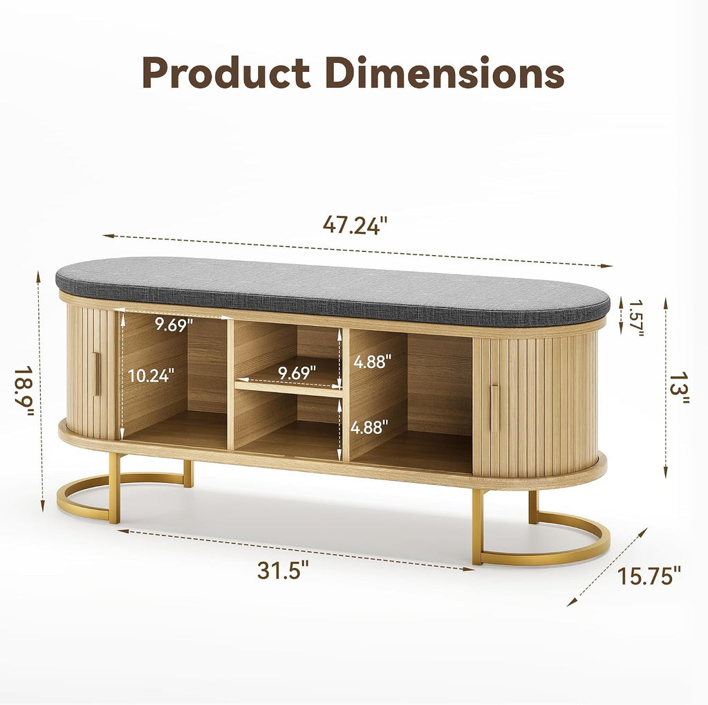 Oak Sliding Door Storage Shoe Bench with Metal Feet