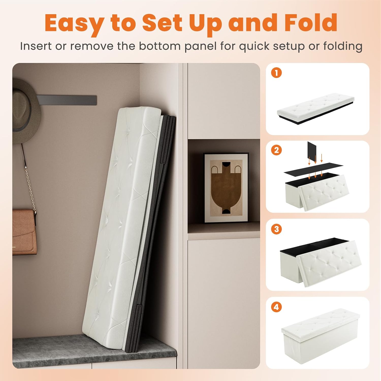 Beige Synthetic Leather Folding Storage Bench