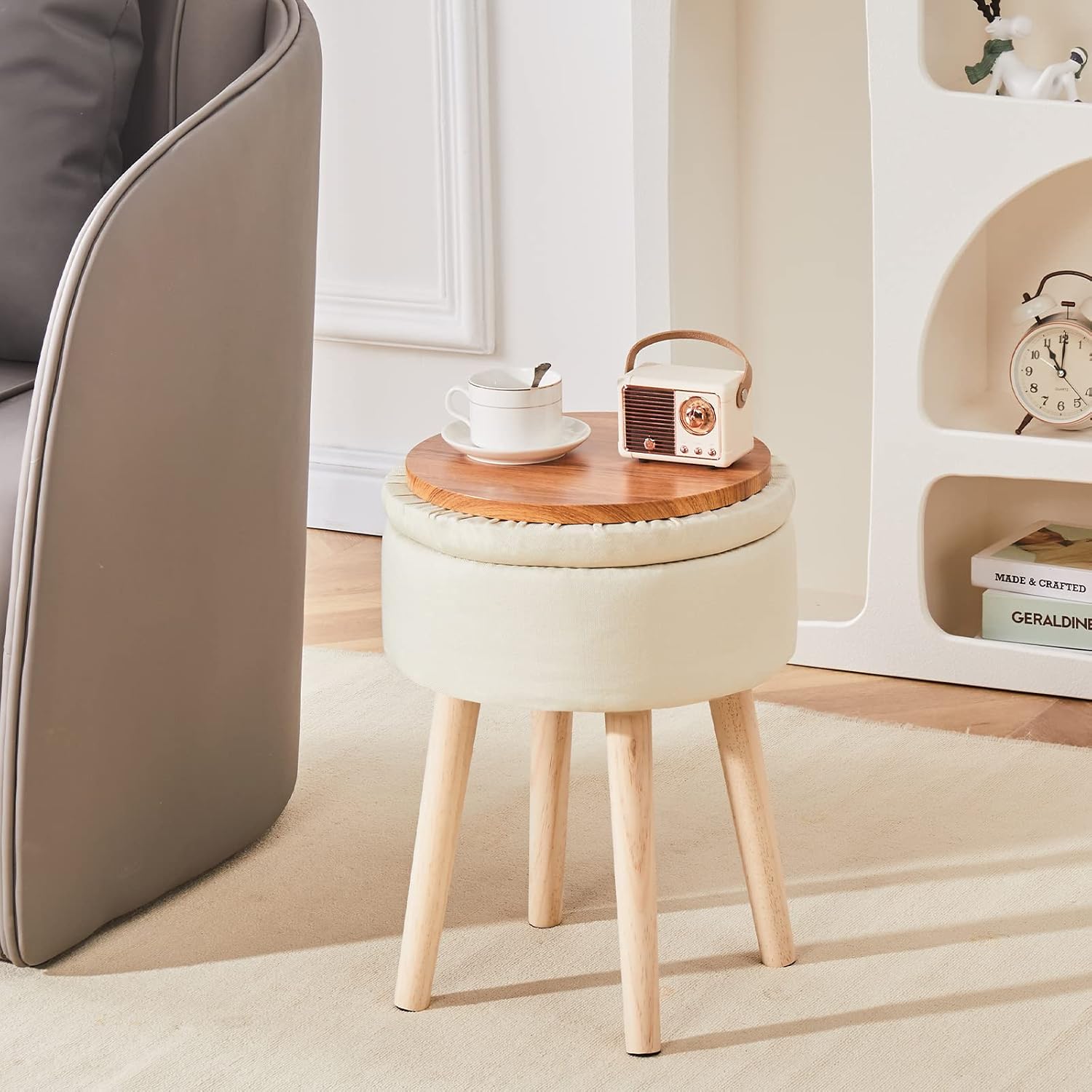 White Linen Round Storage Vanity Stool