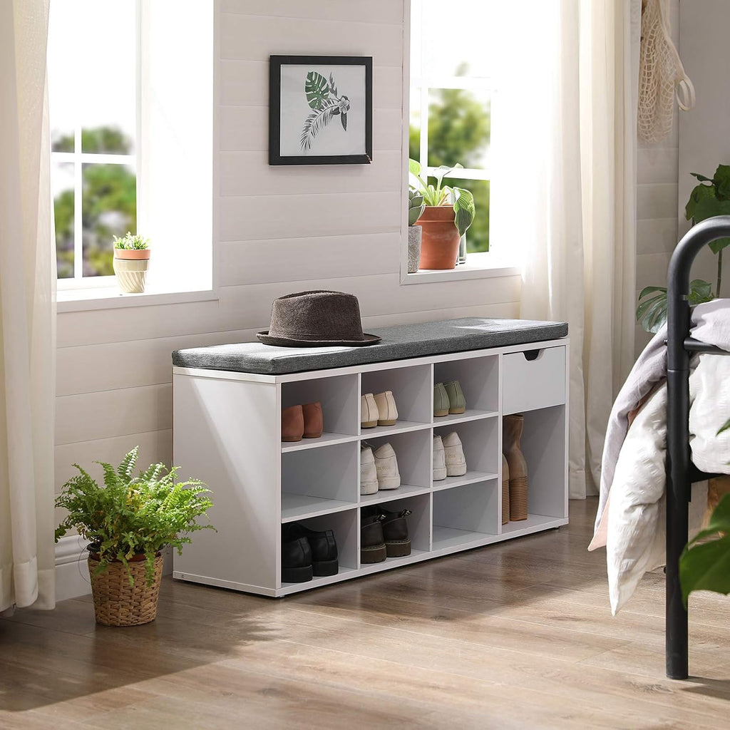 White Gray Multi Compartment Shoe Storage Bench