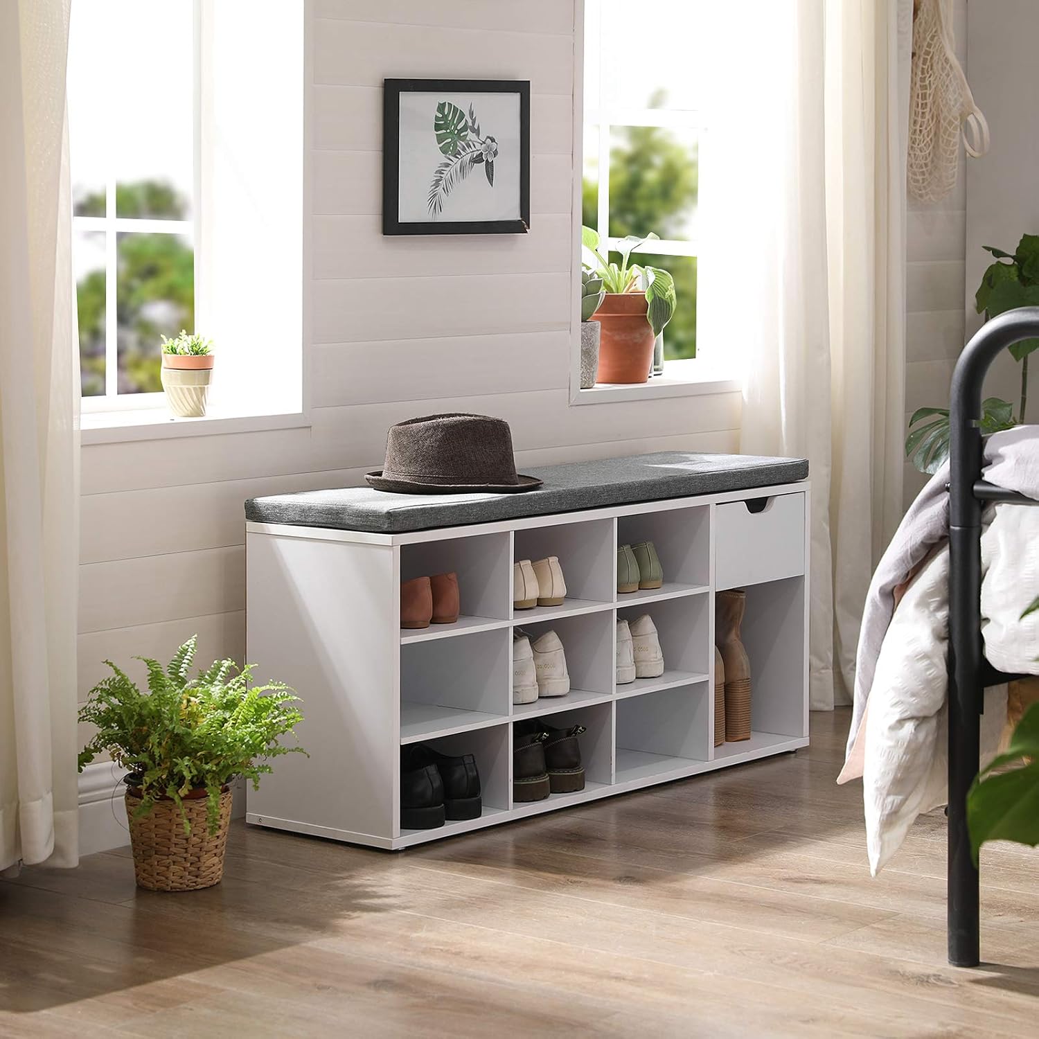 White Gray Multi Compartment Shoe Storage Bench