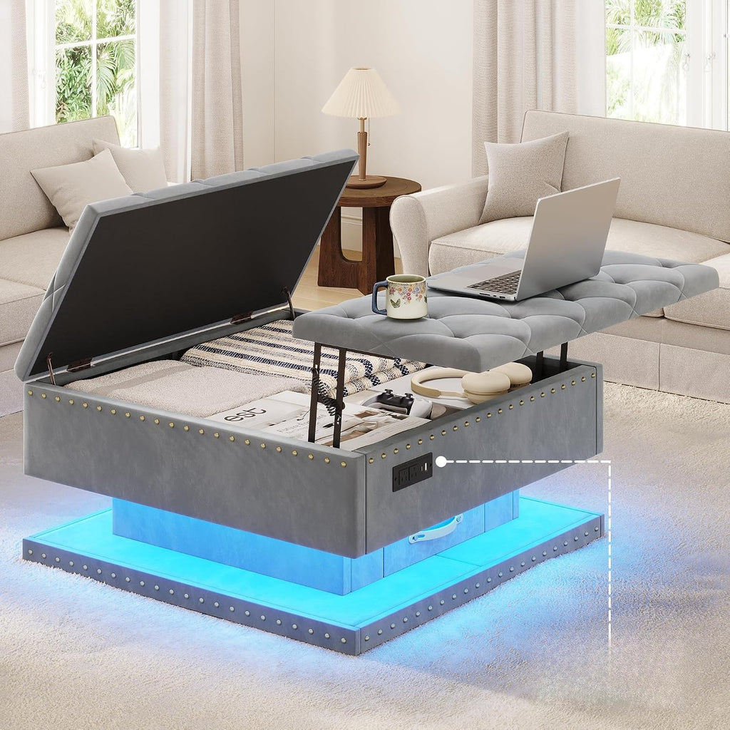 Gray LED Charging Storage Ottoman