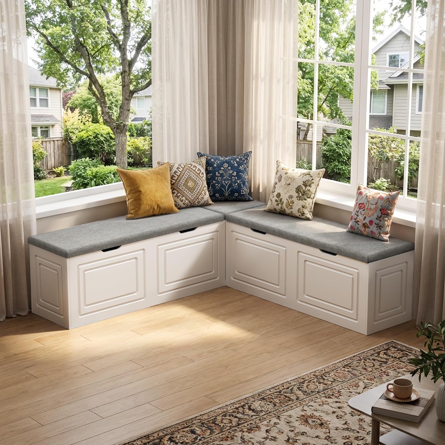 White Grey Lift Top L-Shaped Storage Nook Bench