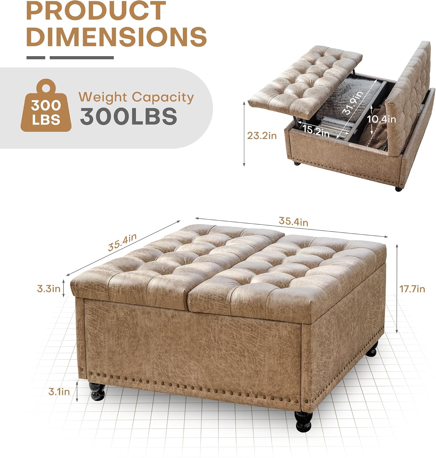 Champagne Leather Storage Ottoman