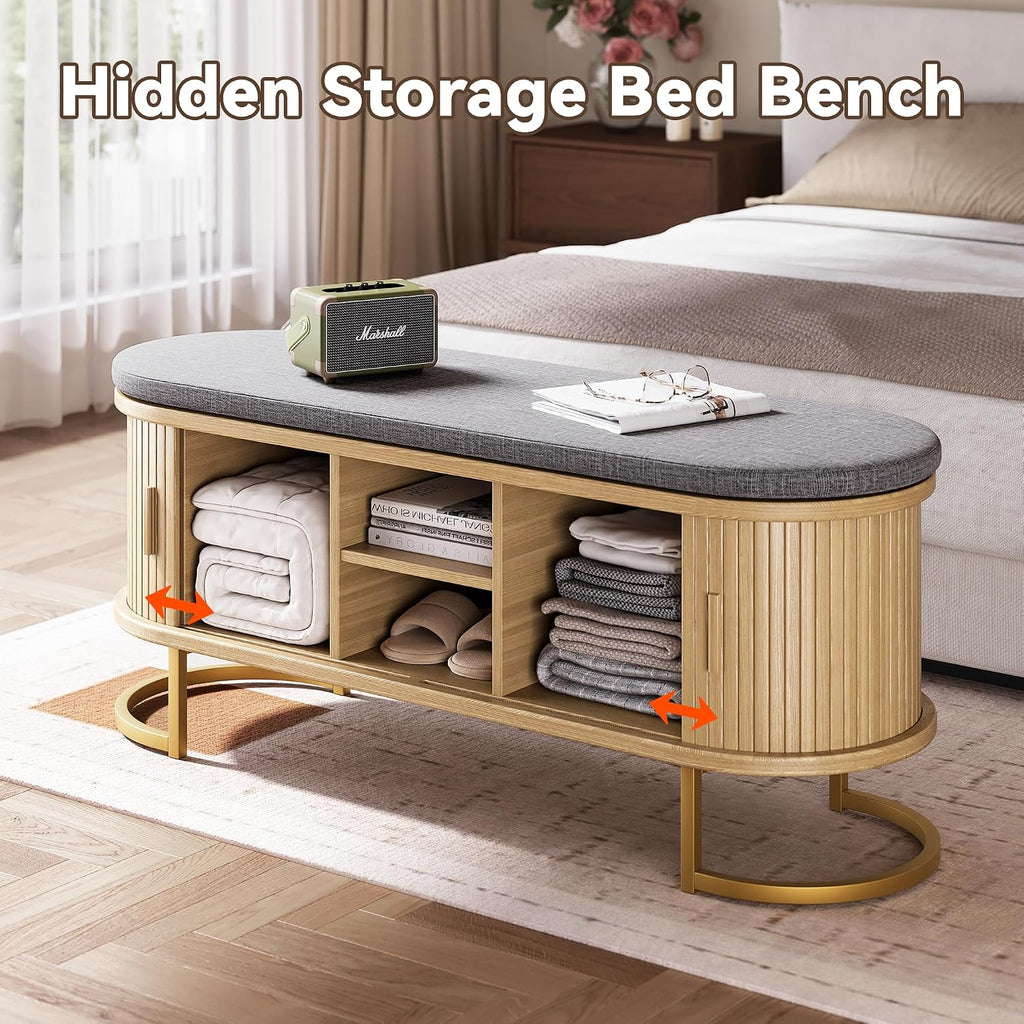 Oak Sliding Door Storage Shoe Bench with Metal Feet