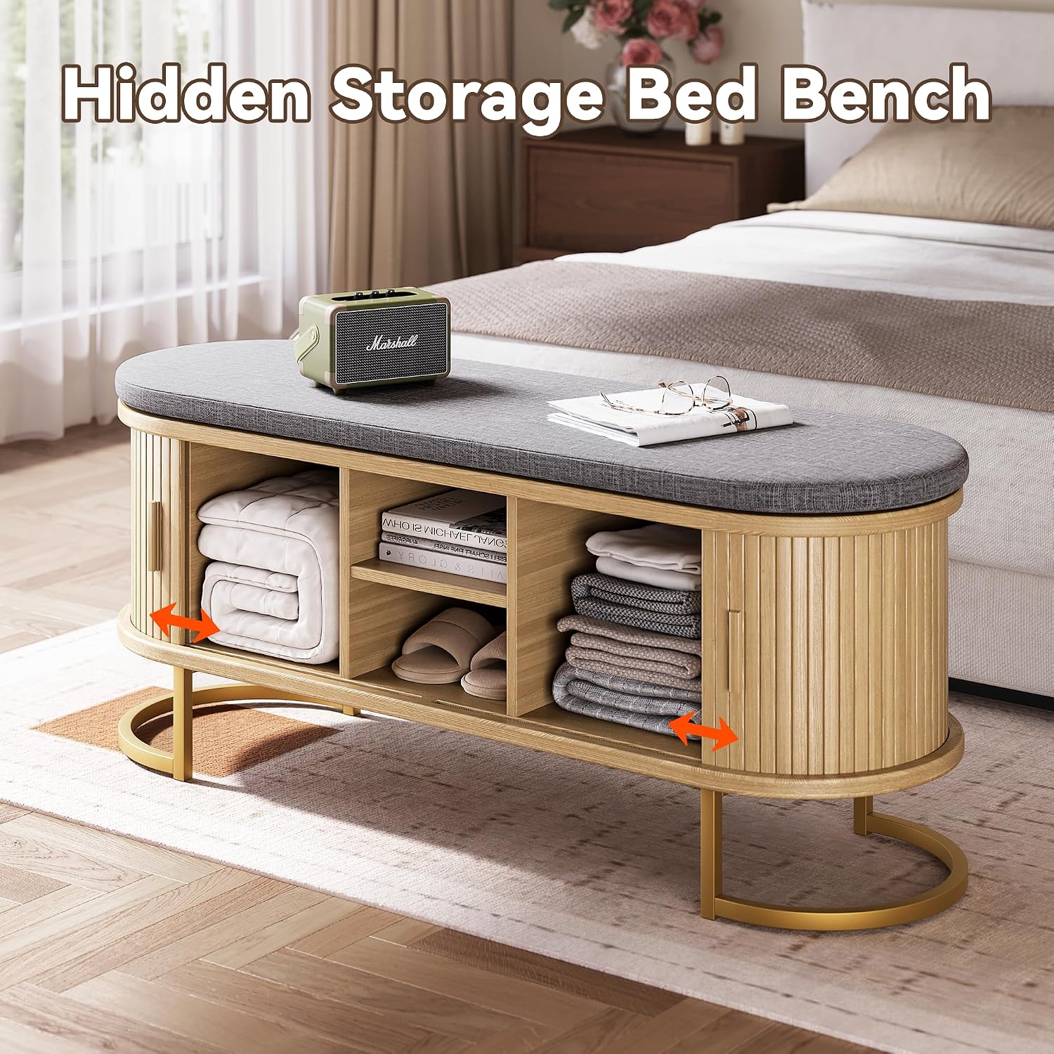 Oak Sliding Door Storage Shoe Bench with Metal Feet