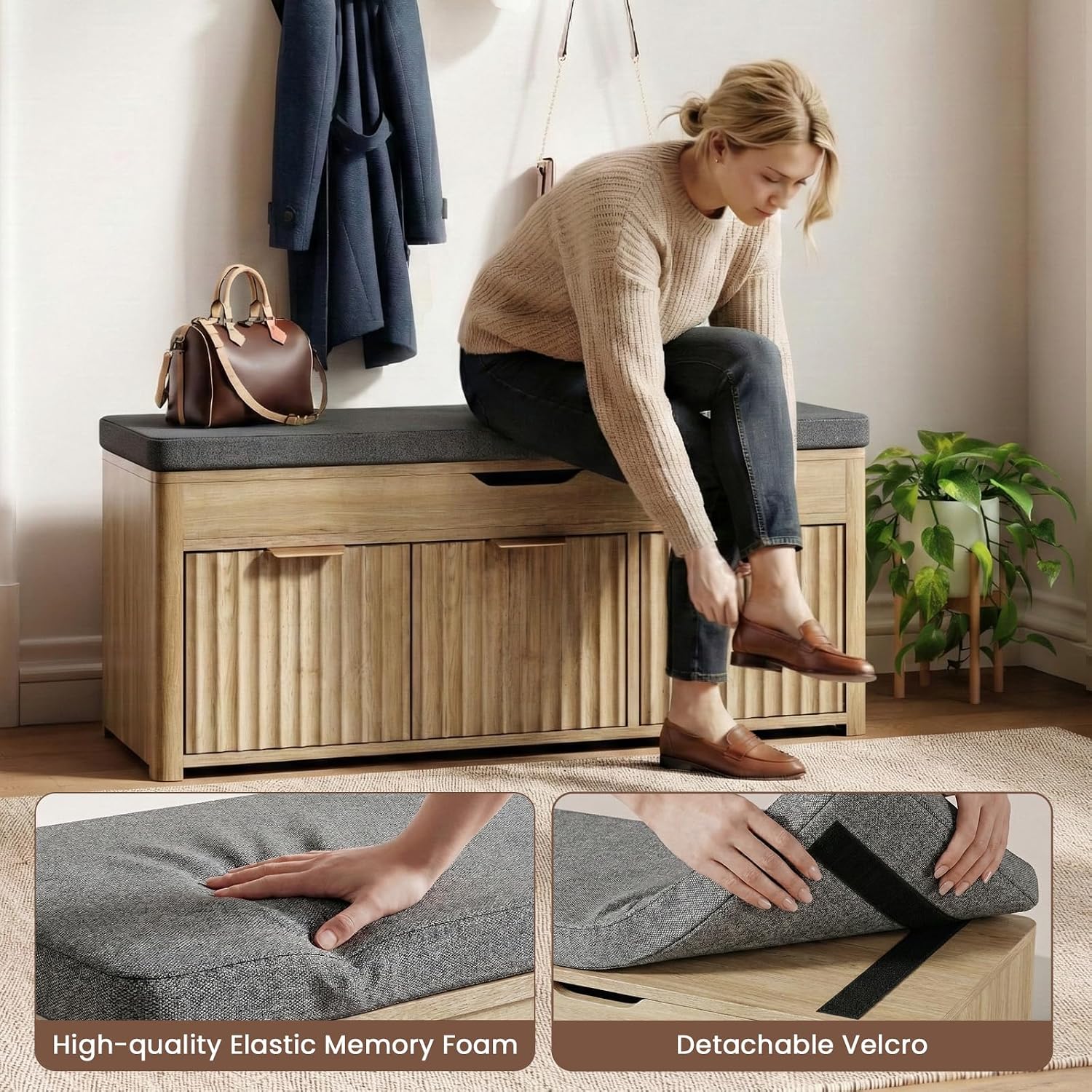 Natural Wood Lift Top Shoe Storage Bench