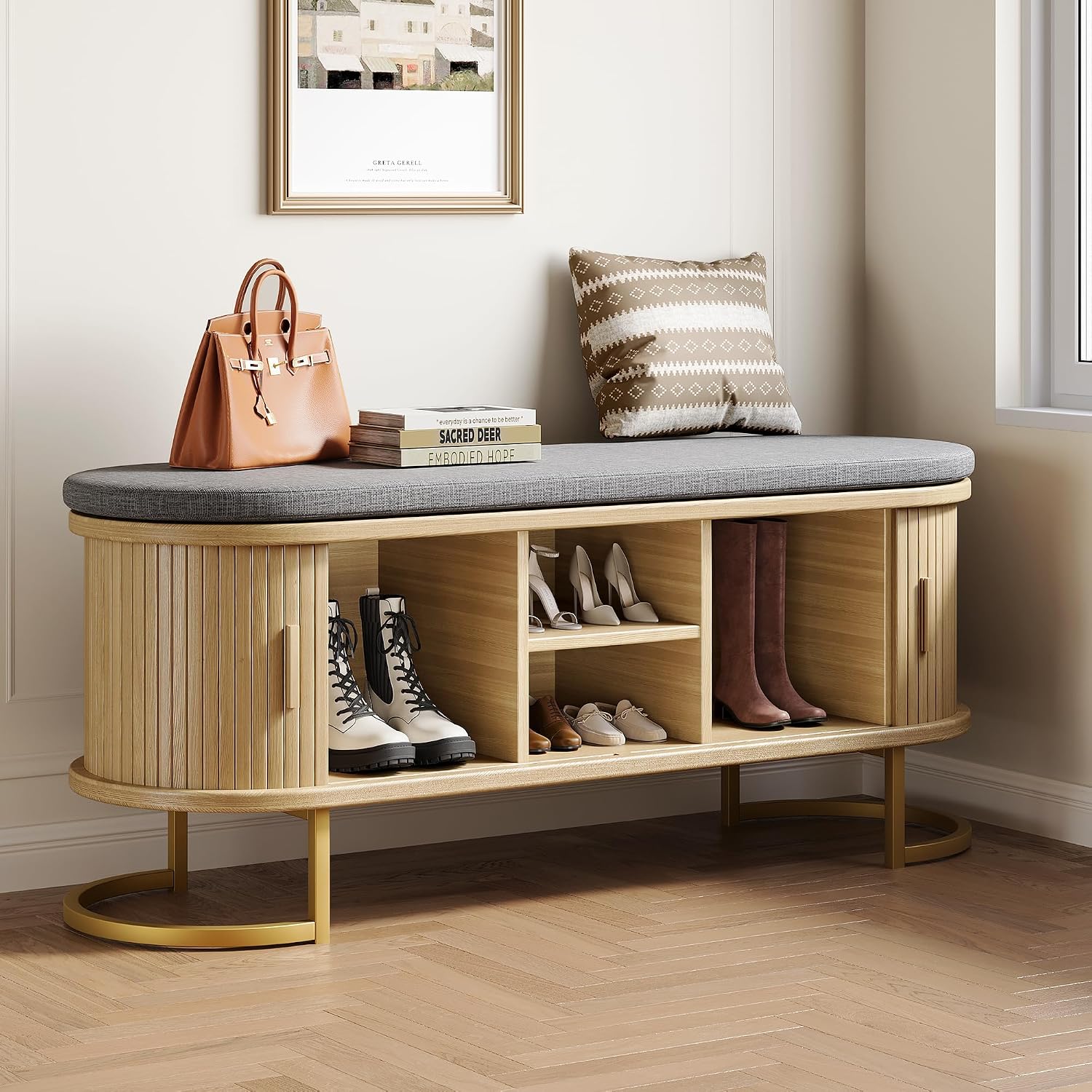 Oak Sliding Door Storage Shoe Bench with Metal Feet