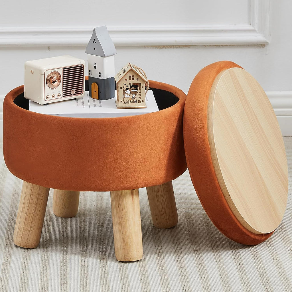 Orange Velvet Round Storage Foot Stool