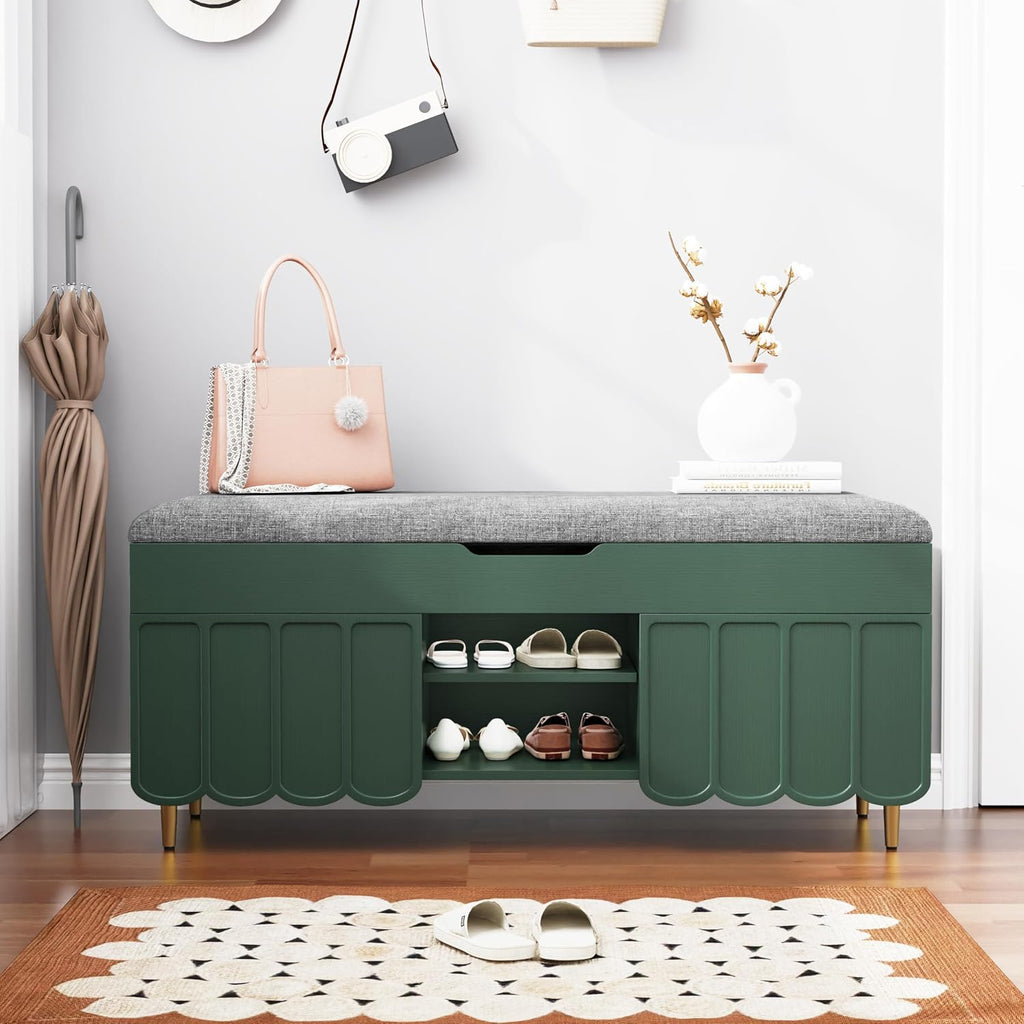 Green Geometric Grain Hidden Storage Shoe Bench