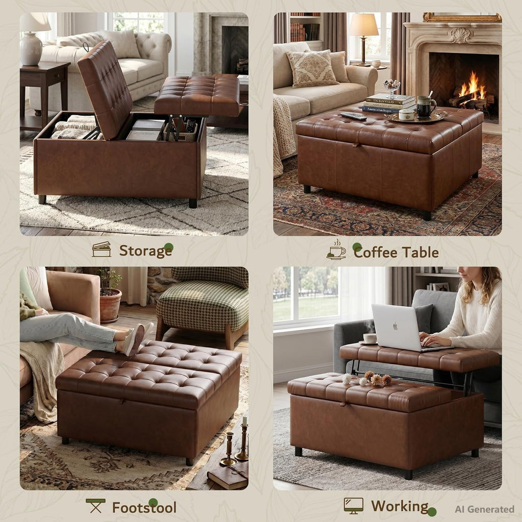 Brown Leather Storage Ottoman Bench