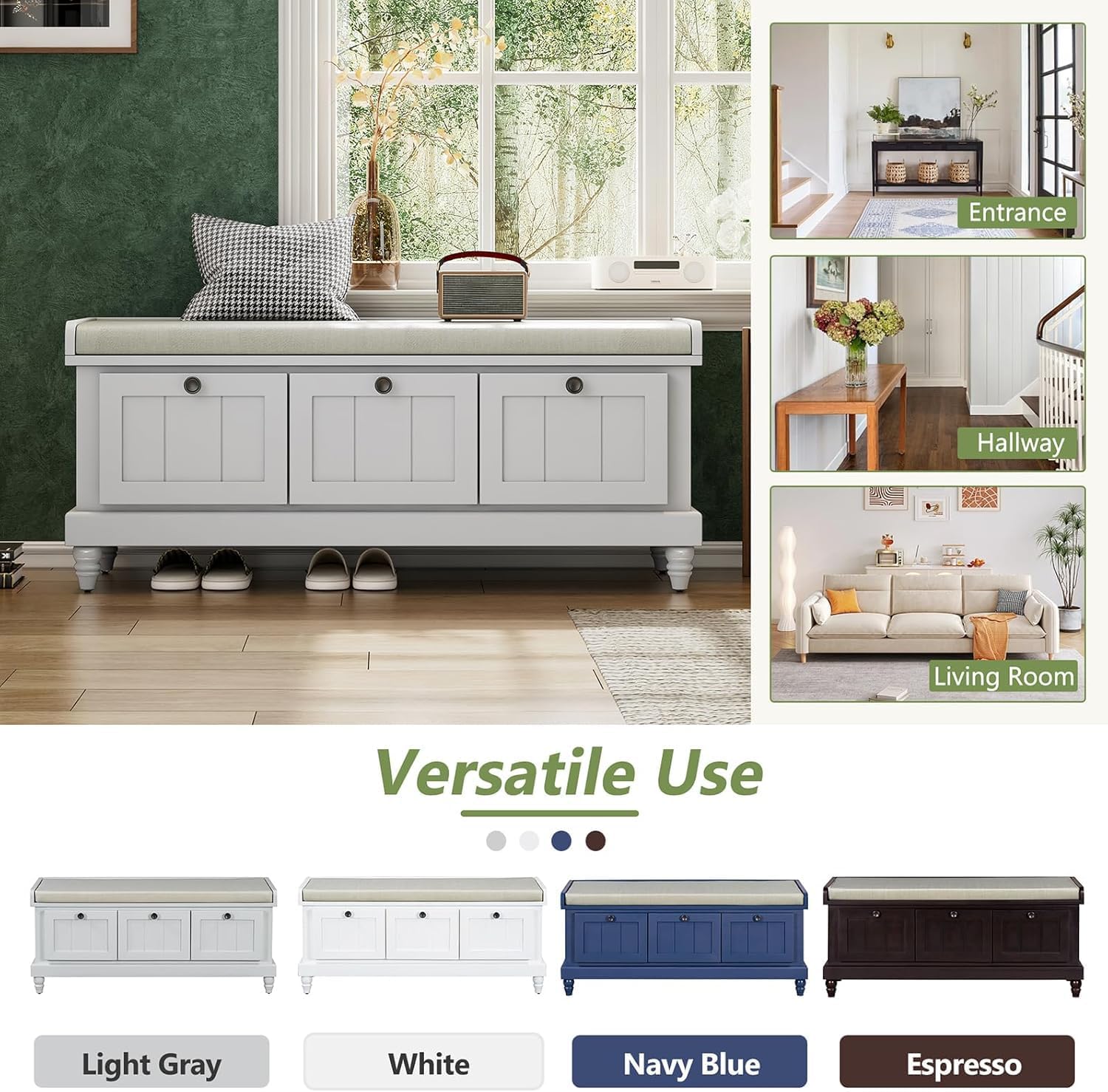 Light Gray Wooden 3-Drawer Storage Bench
