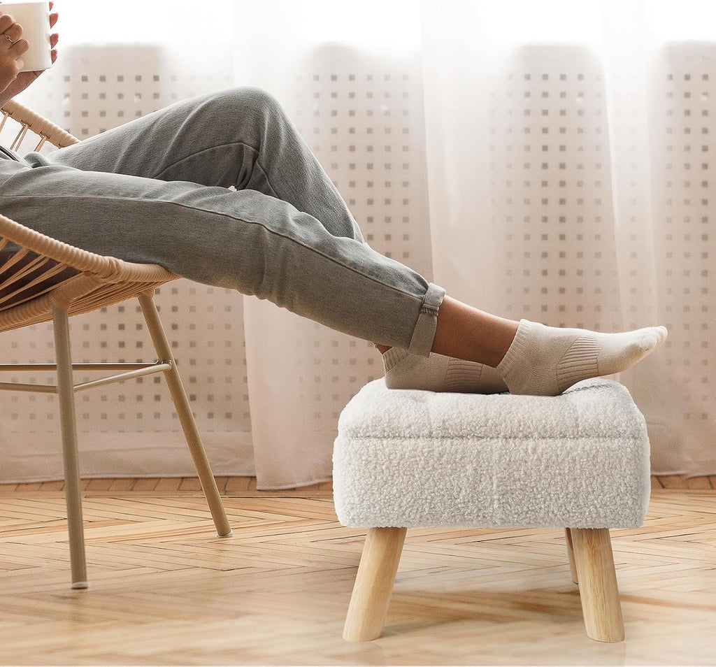 Cream Boucle Storage Foot Stool with Wood Legs