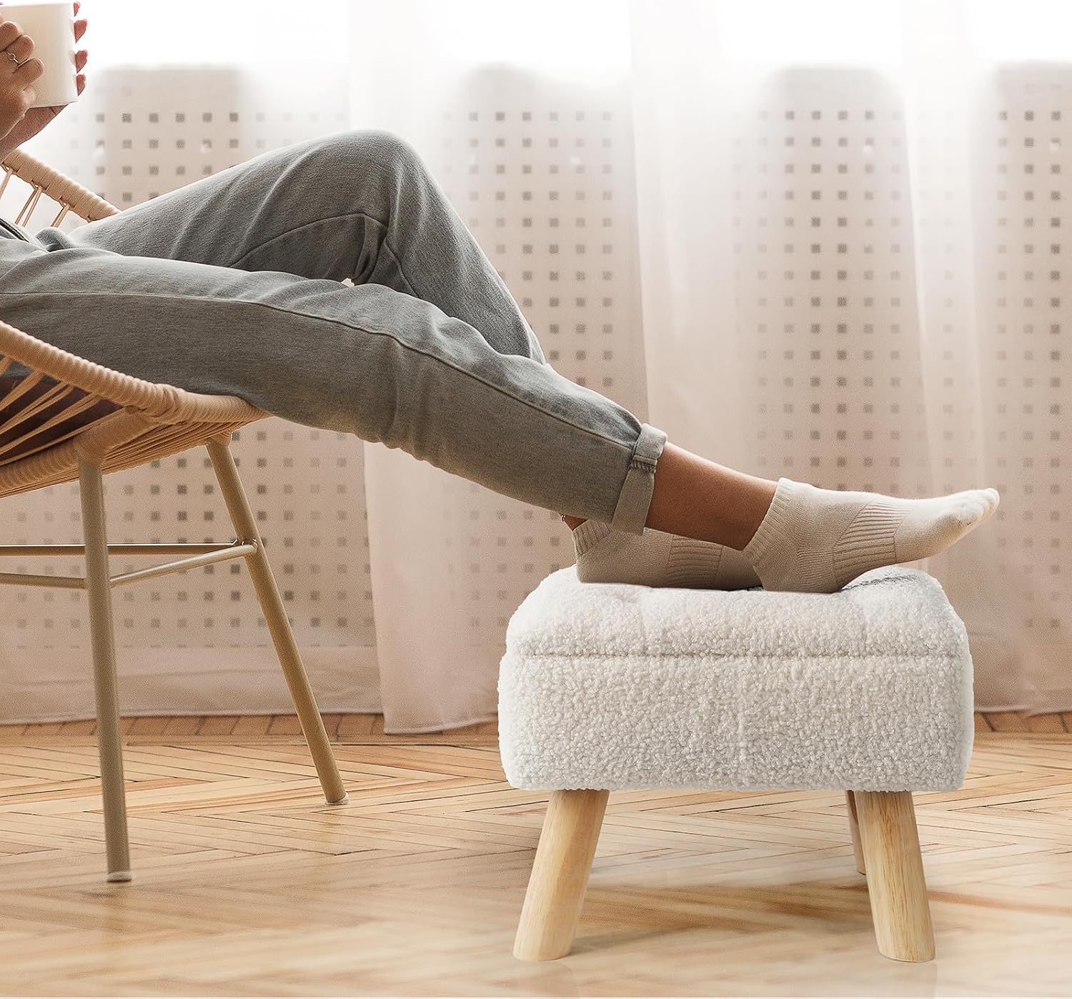 Cream Boucle Storage Foot Stool with Wood Legs