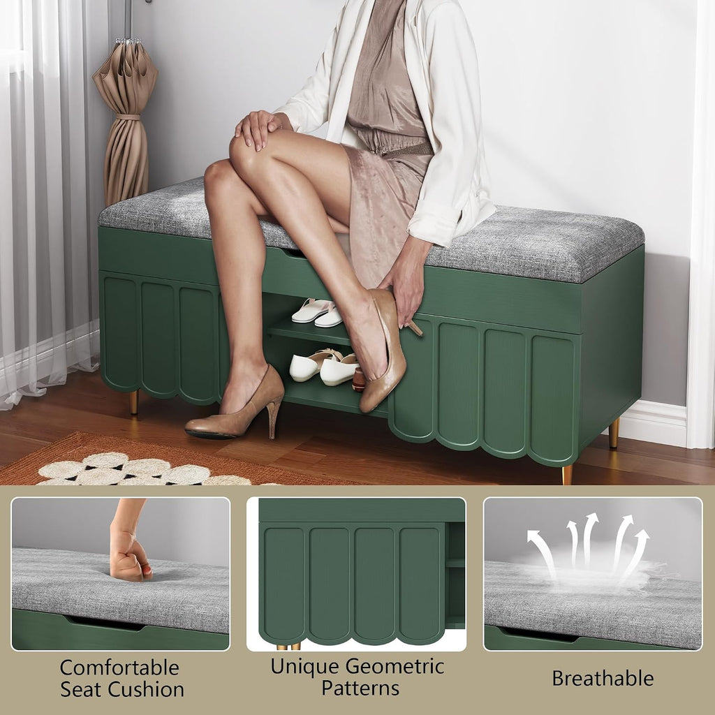 Green Geometric Grain Hidden Storage Shoe Bench