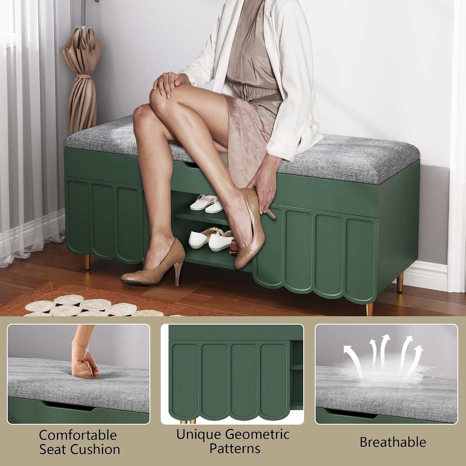 Green Geometric Grain Hidden Storage Shoe Bench