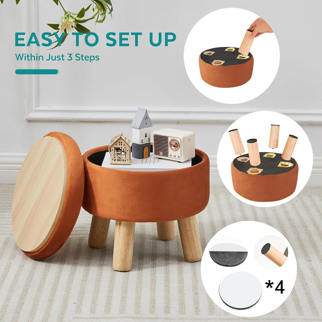 Orange Velvet Round Storage Foot Stool