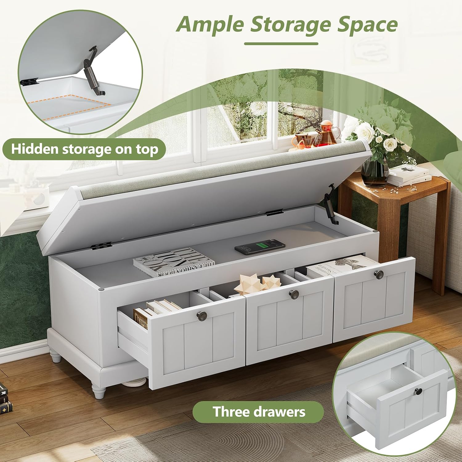 Light Gray Wooden 3-Drawer Storage Bench