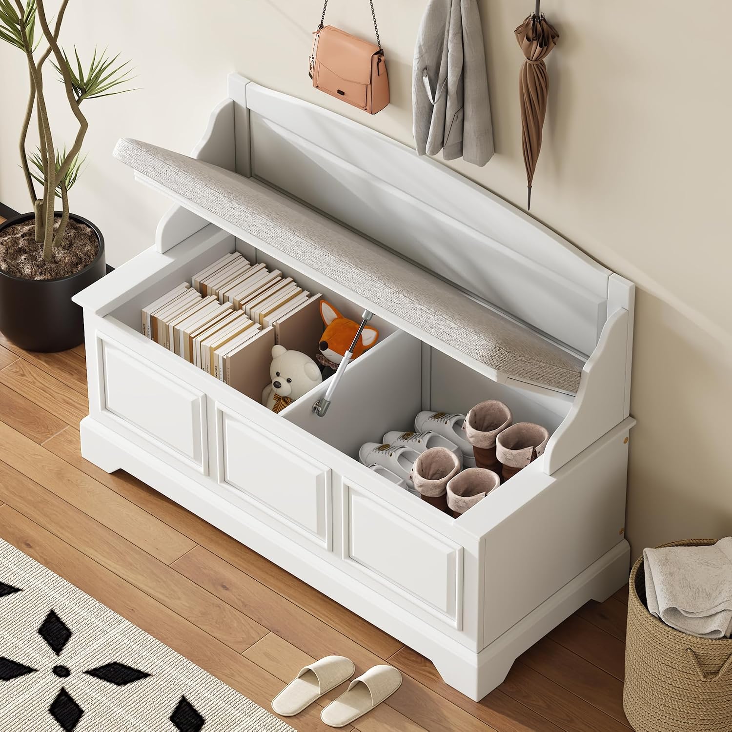 White Farmhouse Cushioned Storage Ottoman Bench