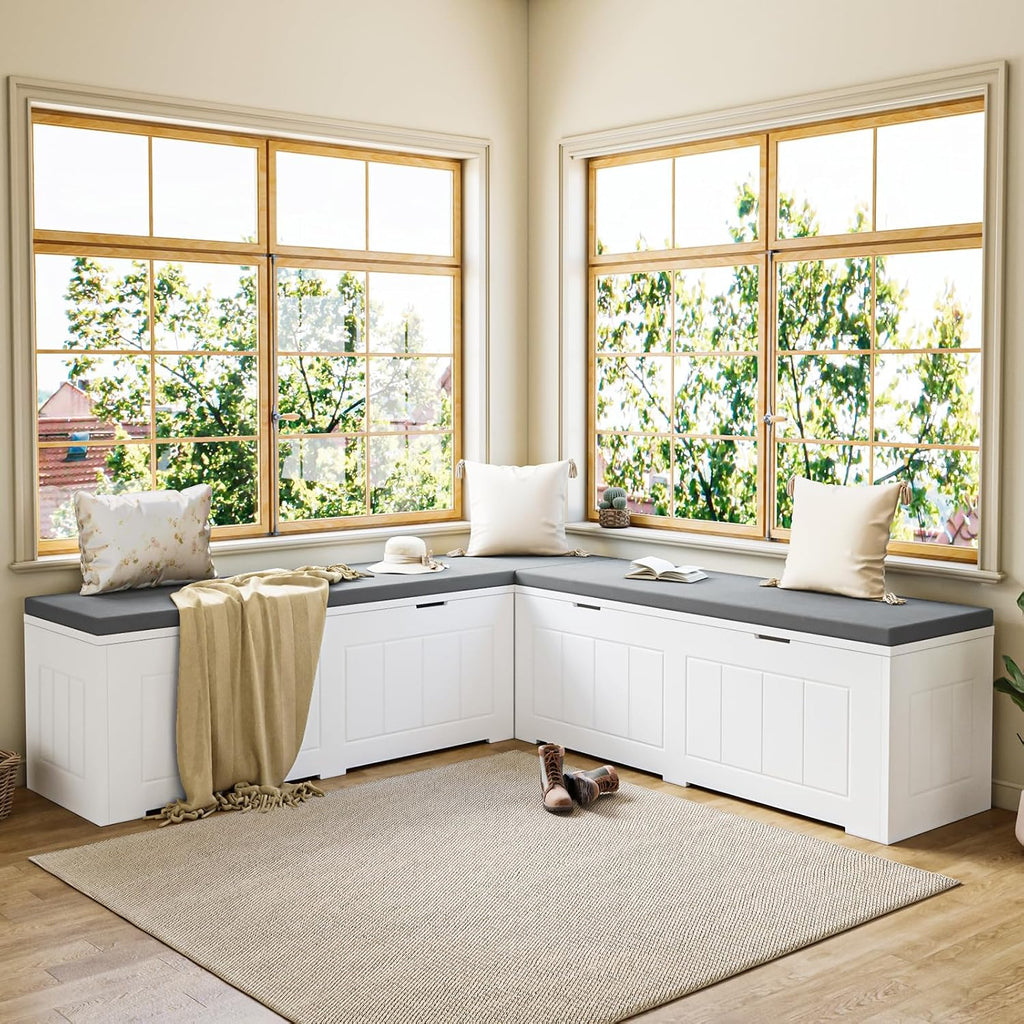 White Grey Flip-Top L-Shaped Storage Nook Bench