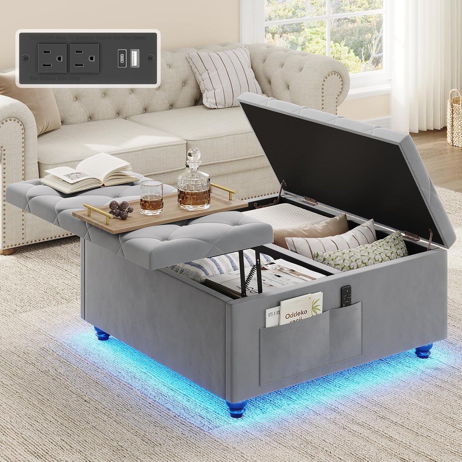 Gray Velvet Charging Ottoman