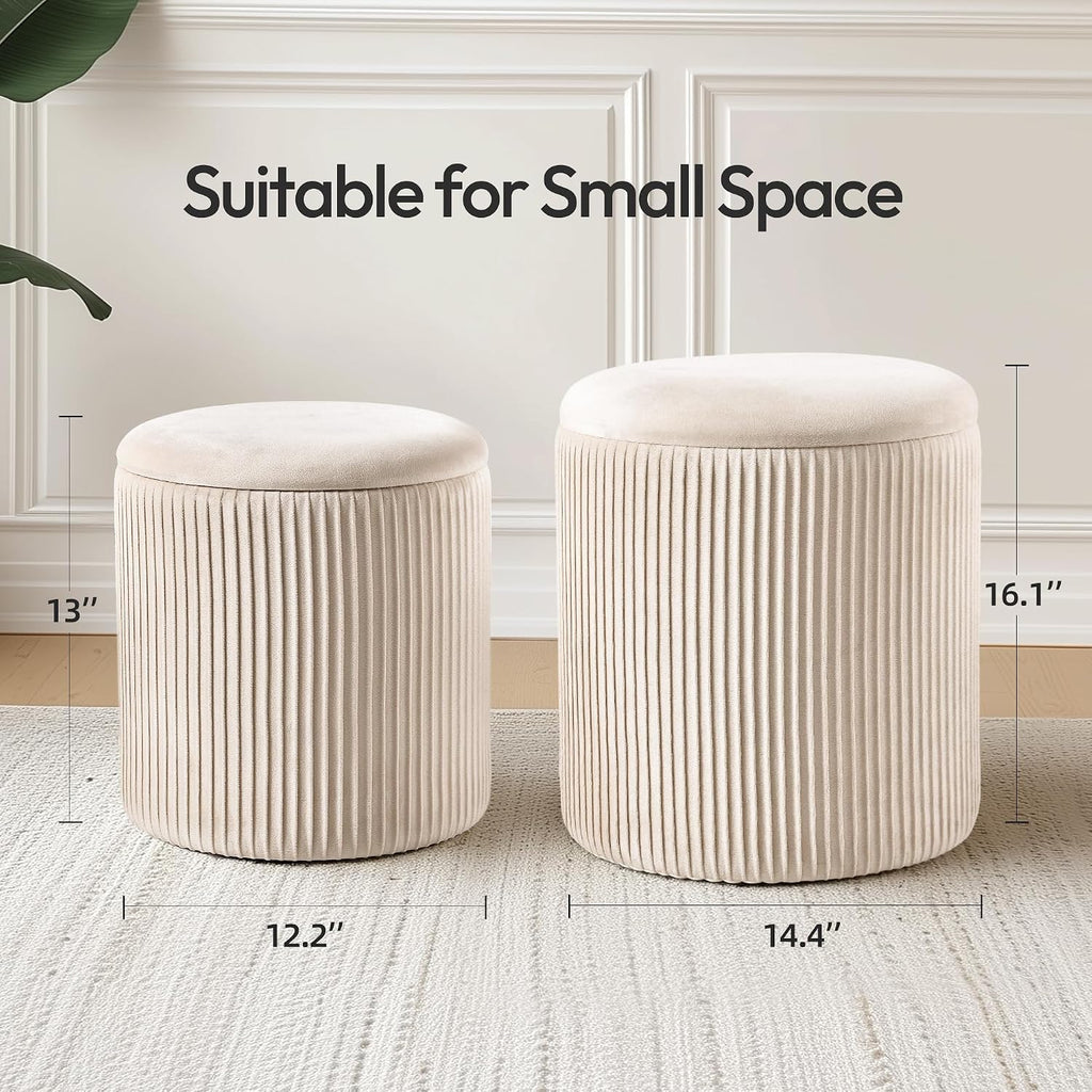Beige Velvet 2-Pack Round Storage Ottomans