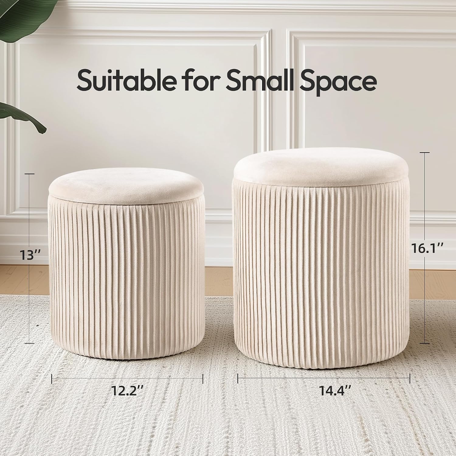 Beige Velvet 2-Pack Round Storage Ottomans