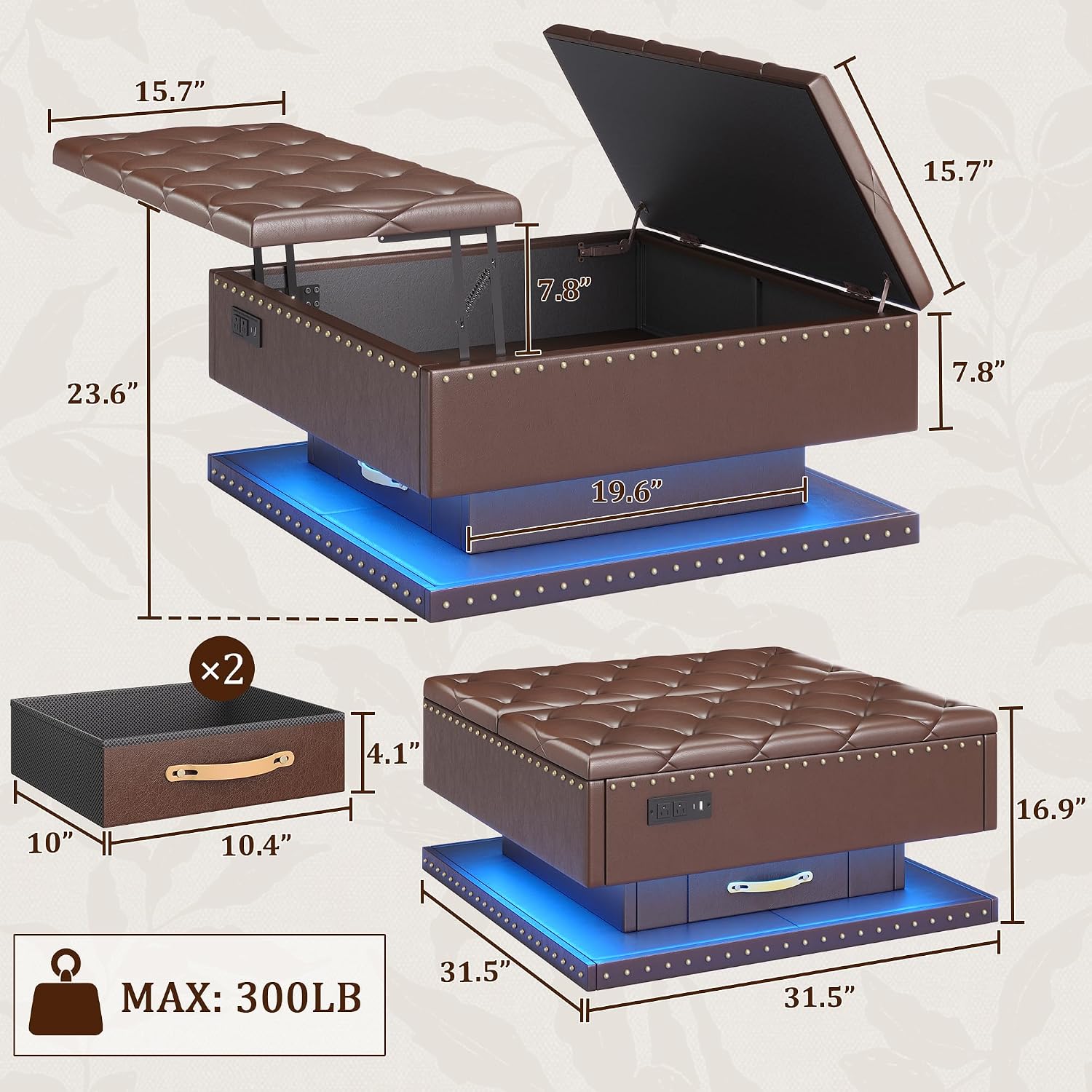 Brown PU Charging Storage Ottoman