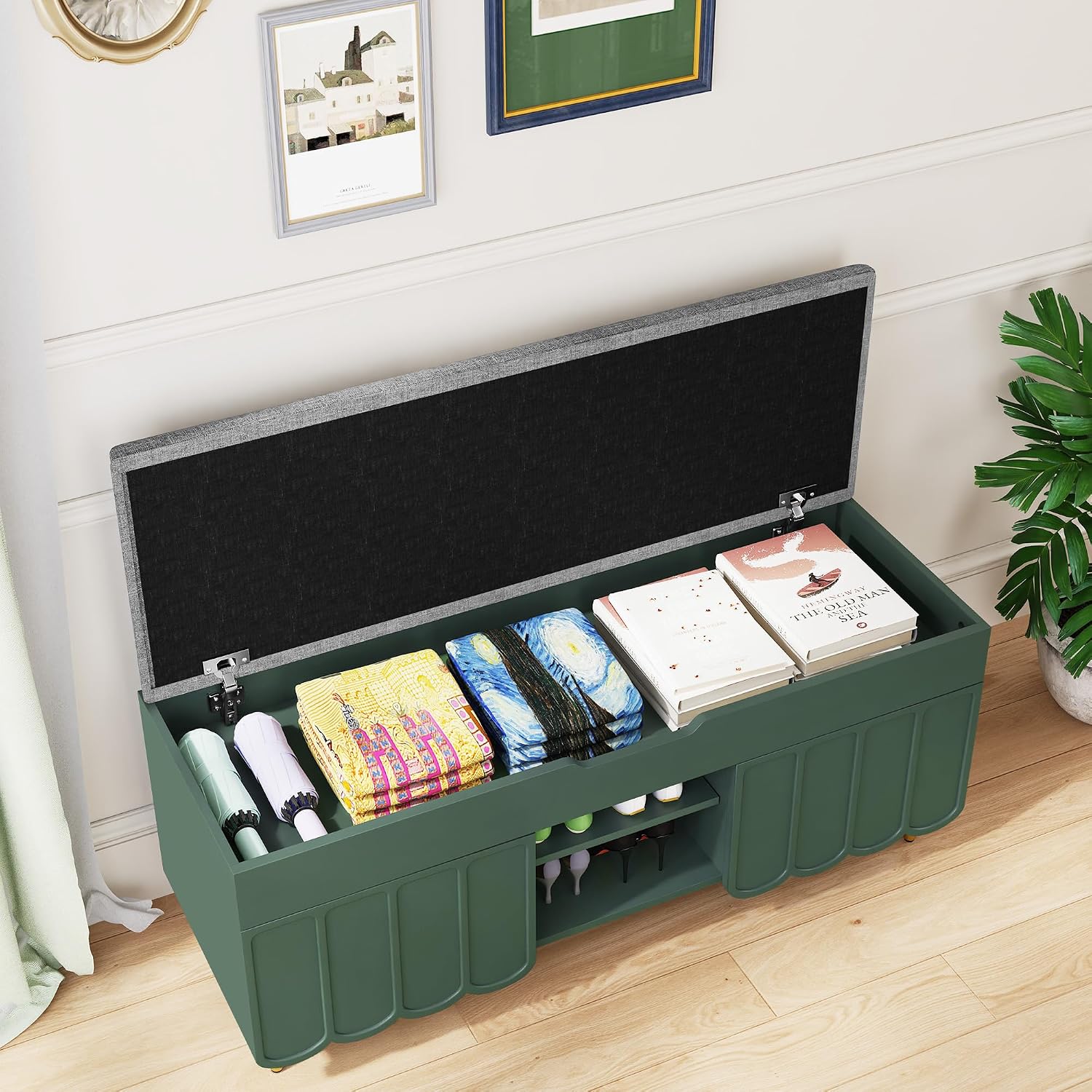 Green Geometric Grain Hidden Storage Shoe Bench