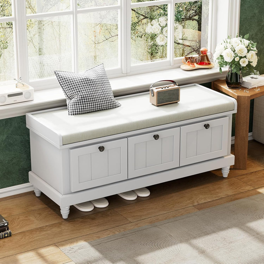 Light Gray Wooden 3-Drawer Storage Bench